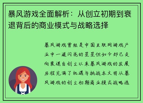 暴风游戏全面解析:从创立初期到衰退背后的商业模式与战略选择
